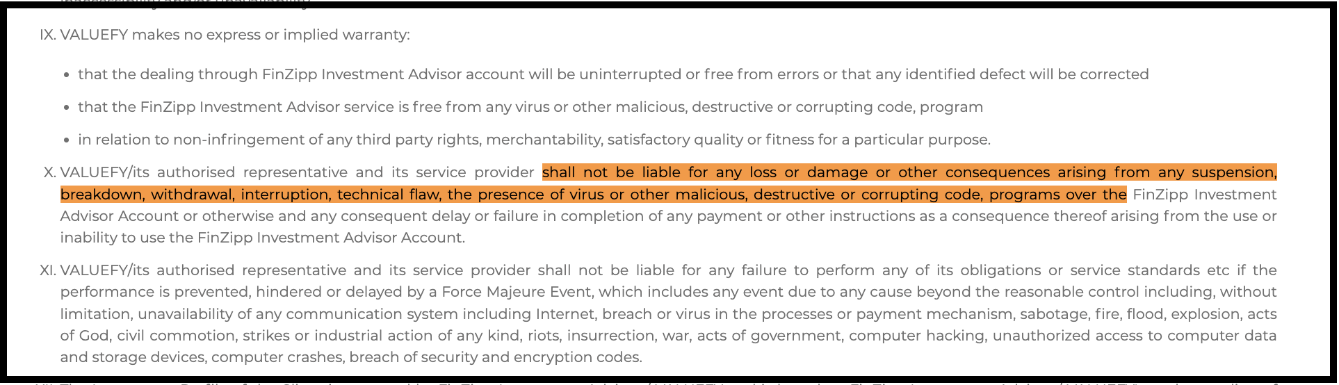 FinZipp terms of use document excerpt highlighting liability exclusions and limitation clauses