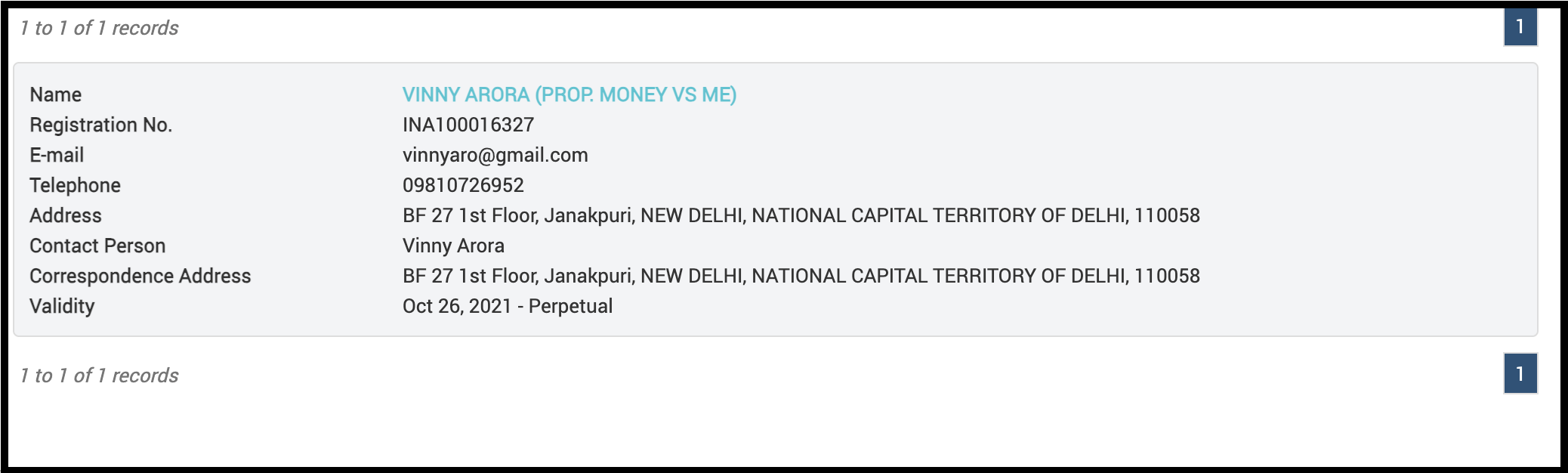 SEBI registration details table for Vinny Arora Money Vs Me