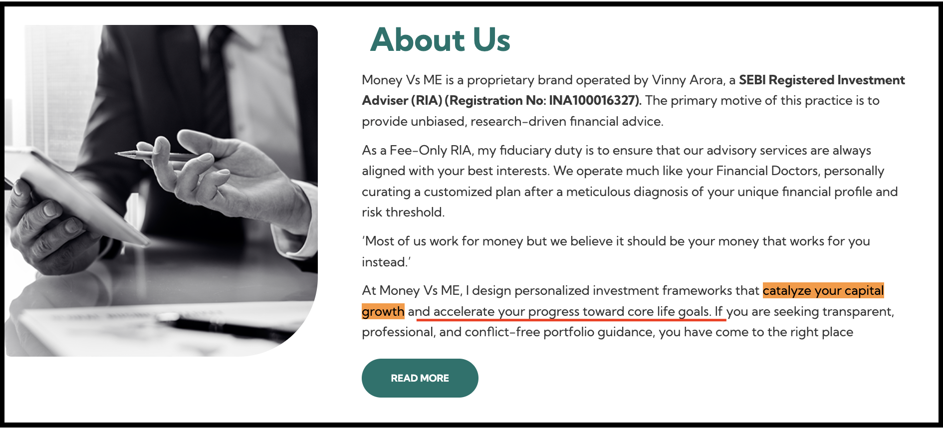 promotional statements found on the Money Vs Me advisory website.