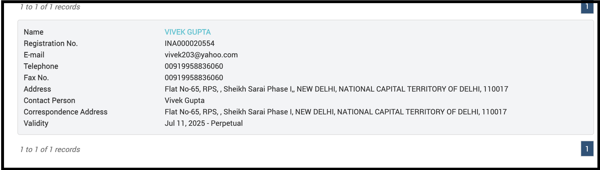 Official SEBI registration details for Vivek Gupta AssetNivesh