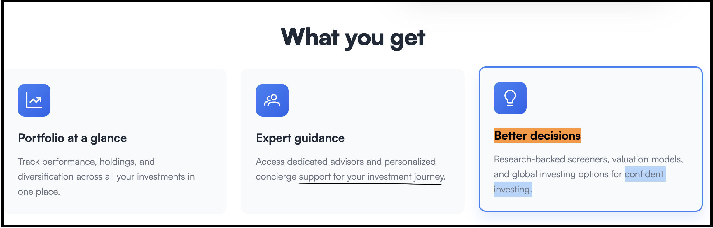 AssetNivesh platform feature panel highlighting the better decisions and context-aware guidance claim for investors.