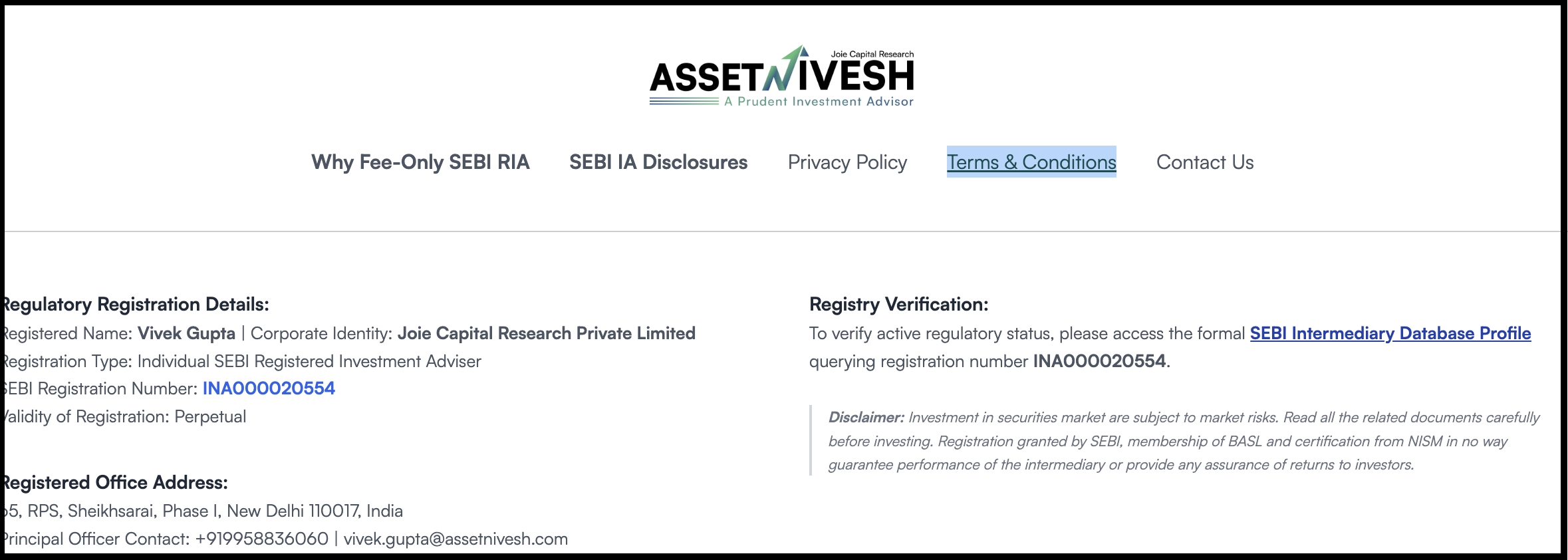 AssetNivesh website header and navigation panel showing non-functional links for terms and conditions, privacy policy, and contact page.