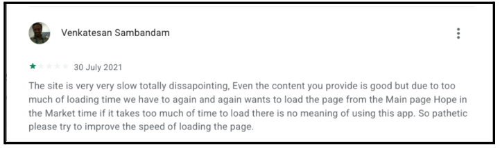 app store review screenshot showing user feedback about slow site loading speed