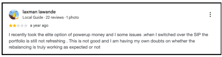 PowerUp Money app store review screenshot showing user feedback about portfolio refreshing after SIP changes