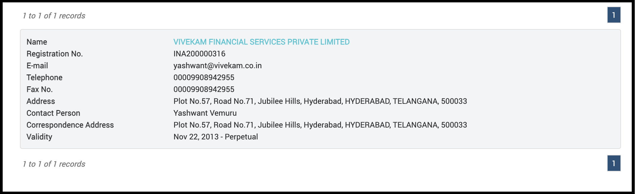 SEBI registration details table for Vivekam Financial Services