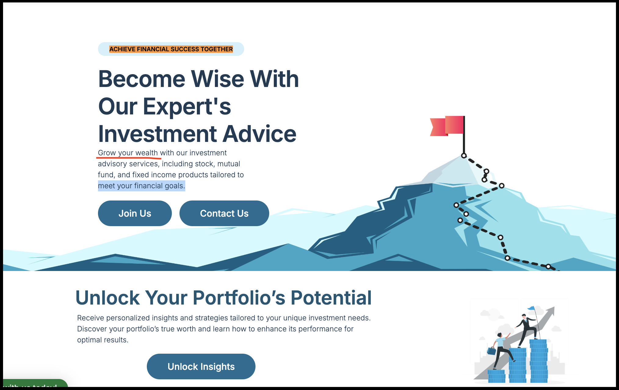 Homepage banner for Vivekam Financial Services featuring the Grow Your Wealth tagline and investment advisory call-to-action buttons