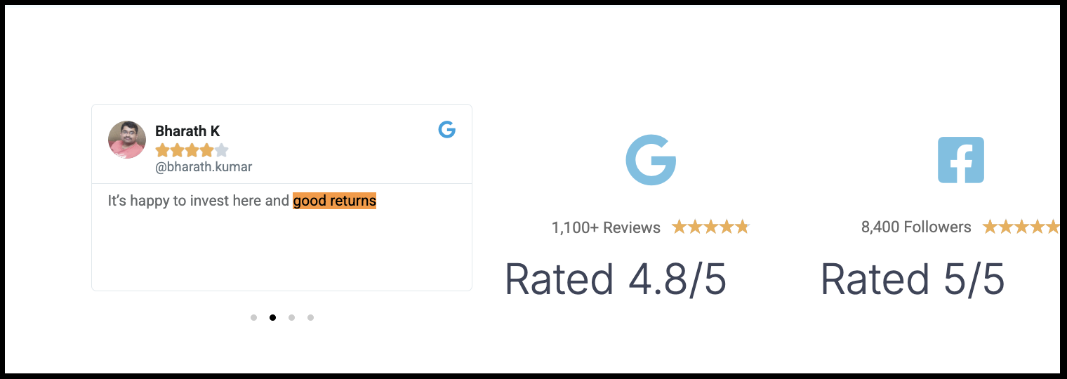 Website testimonial screenshot for Vivekam Financial Services citing good returns and customer satisfaction