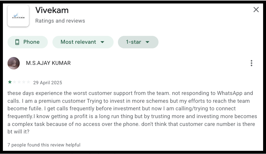 User review screenshot for Vivekam Financial Services describing poor customer support and unresponsiveness after investing