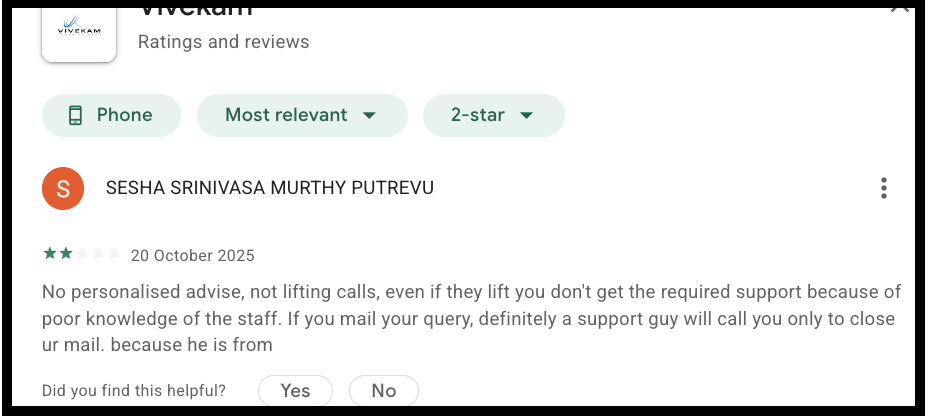 User review screenshot for Vivekam Financial Services describing poor knowledge of staff and lack of personalized advice