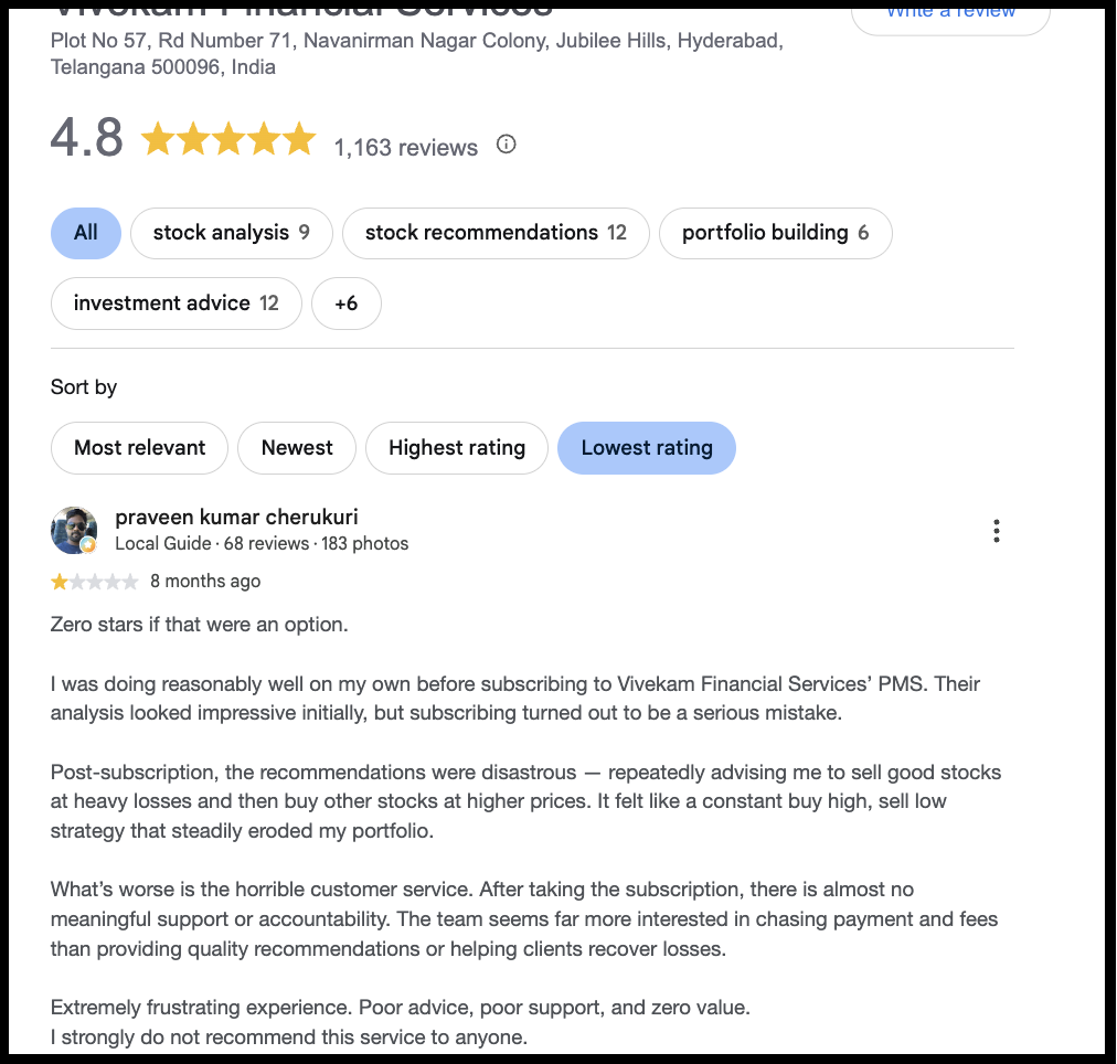 Google user review screenshot for Vivekam Financial Services describing heavy stock losses and focus on fees rather than client outcomes