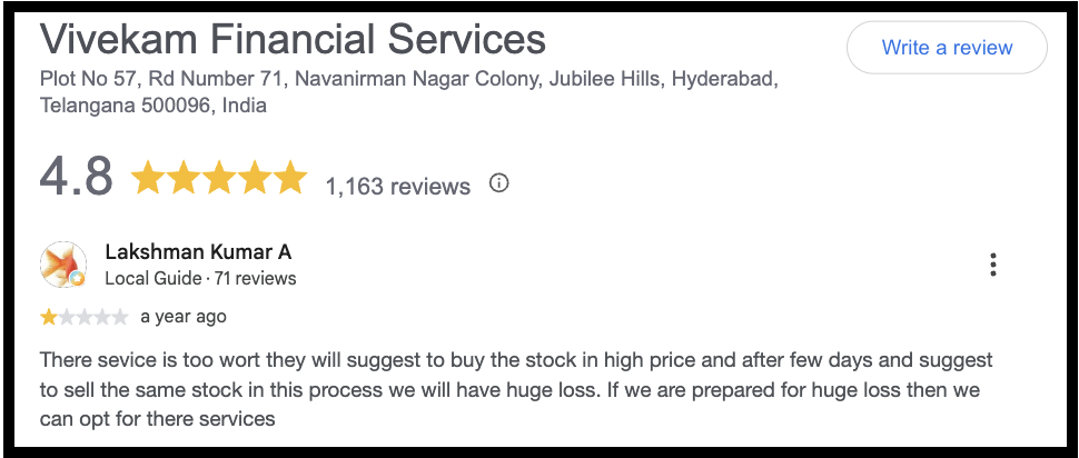 Google user review screenshot for Vivekam Financial Services showing a 4.8 rating and customer review complaining about stock recommendations leading to heavy losses