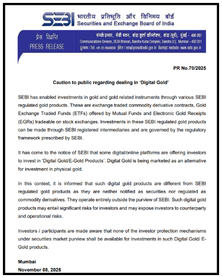 SEBI caution on digital gold November 2025
