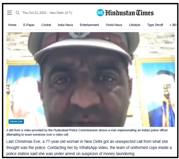 Hindustan Times news report showing a scammer impersonating an Indian police officer on a video call during a digital arrest scam