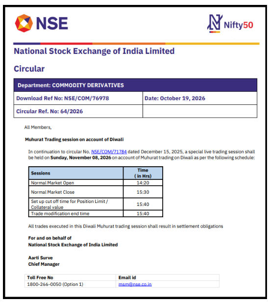 National Stock Exchange of India circular outlining the official Muhurat trading schedule and session timings for October November 2026