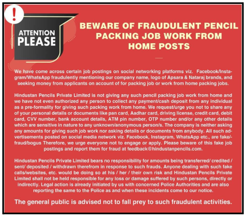 Hindustan Pencils January 2022 public notice on fake pencil packing job offers