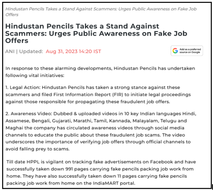 Hindustan Pencils 2023 statement on 991 fake pages removed