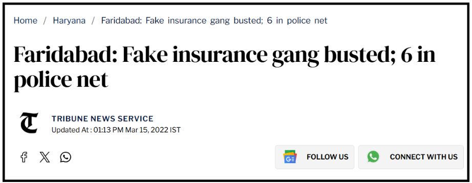 News headline clipping reporting Faridabad police busting a fake insurance gang linked to 242 cheating incidents in LIC impersonation scam