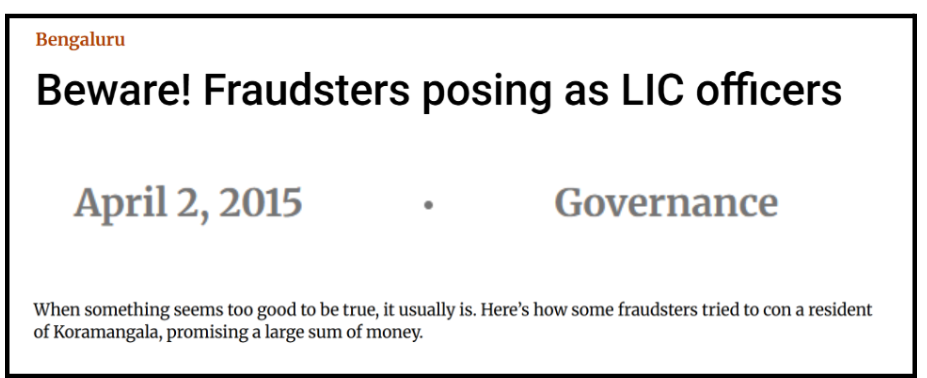 News headline clipping warning readers about fraudsters posing as LIC officers in Bengaluru.