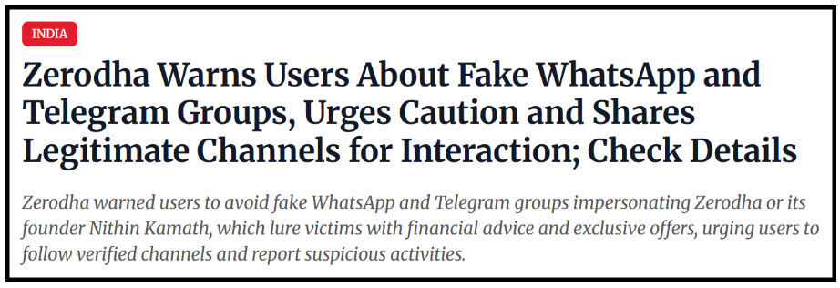 Zerodha official public notice warning users against fake WhatsApp and Telegram groups impersonating the broker and founder Nithin Kamath