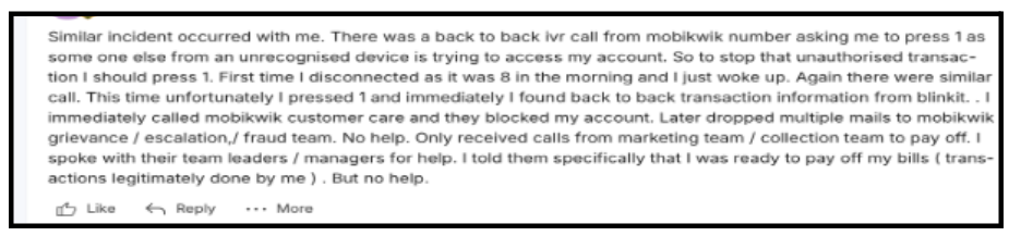 Victim comment screenshot describing back-to-back IVR calls, pressing 1, and immediate unauthorised Blinkit transactions