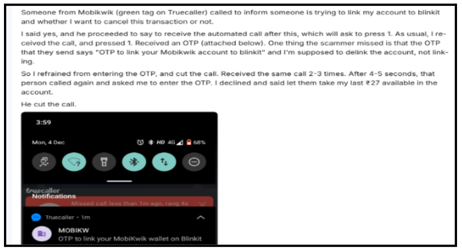 Victim comment screenshot describing an OTP message stating it was meant to link the MobiKwik wallet to Blinkit in a impersonation scam