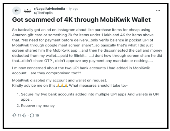 Reddit post screenshot describing a ₹4,000 MobiKwik wallet loss after a Google Meet screen share and Instagram shopping ad scam