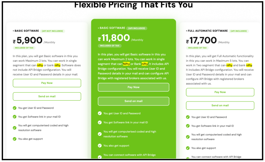 Flexible pricing plans overview on Bizxtech Solutions website showing monthly software tiers