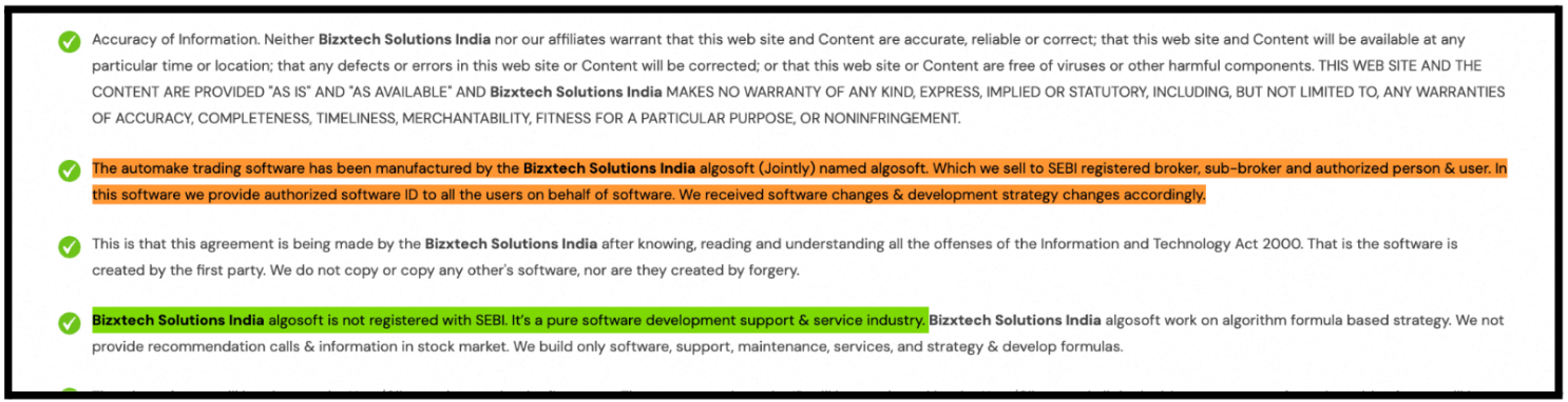 Terms and conditions excerpt on Bizxtech Solutions website stating the software is not SEBI registered