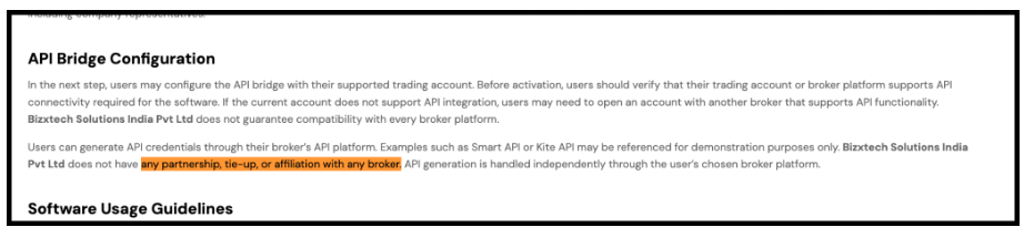 Bizxtech Solutions private limited web page showing conflicting broker affiliation statements