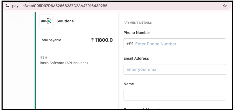 PayU checkout page showing Bizxtech Solutions Private Limited Basic Software API included plan for 11800 rupees