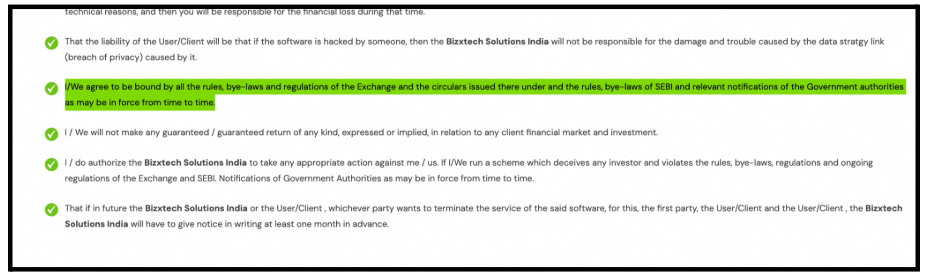 Terms and conditions excerpt from Bizxtech Solutions showing clauses on exchange rules and guaranteed returns
