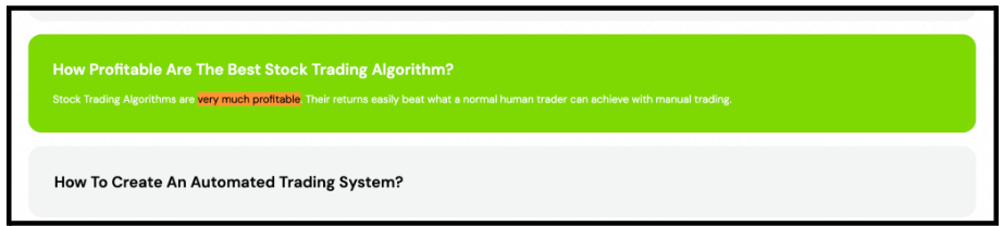 FAQ answer screenshot from Bizxtech Solutions private limited website highlighting the claim that stock trading algorithms are very much profitable
