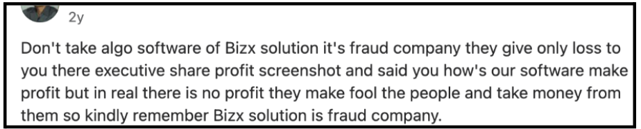 Bizxtech Solutions public complaint comment excerpt warning others about fake profit screenshots and total loss