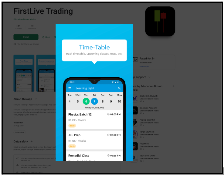 FirstLive Trading Google Play store listing screenshot showing study app layout, physics batches timetable, 3.5 star rating, and 1K plus downloads
