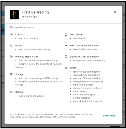 Google Play store permissions panel screenshot for FirstLive Trading showing requested device access including contacts photos storage and camera
