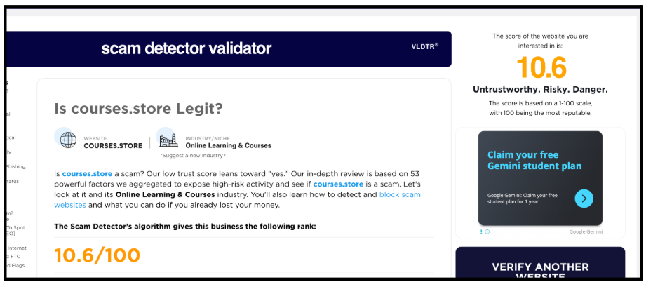 Scam Detector validator screenshot showing courses.store website trust score of 10.6 out of 100 marked as untrustworthy and dangerous
