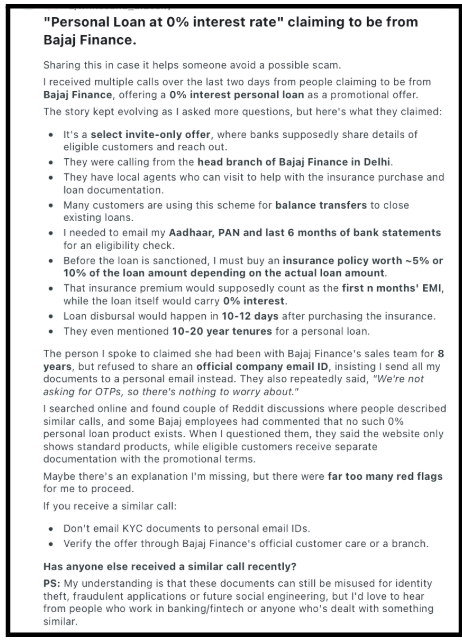 Reddit post discussing a suspicious 0% interest personal loan call claiming to be from Bajaj Finance.
