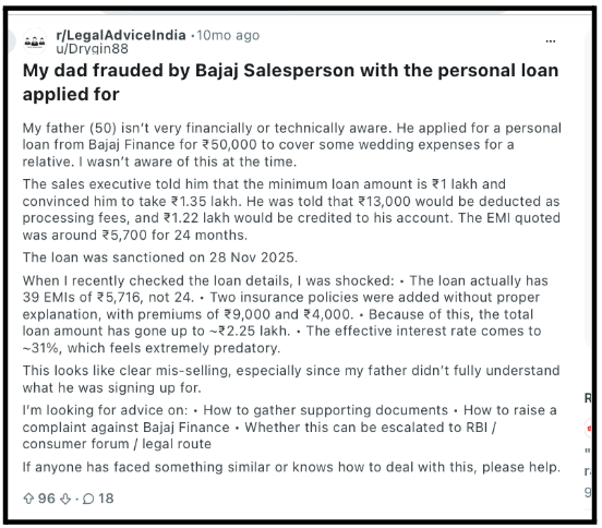 Reddit post on r/LegalAdviceIndia discussing a misleading personal loan scam involving a father and unauthorized insurance charges.