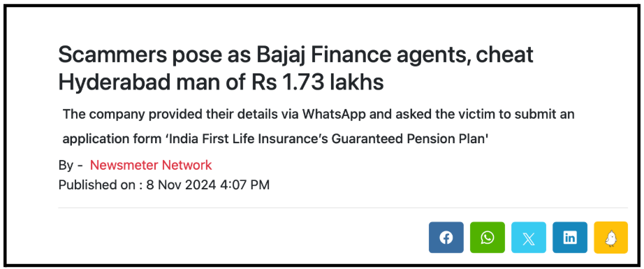 Newsmeter news report headline and date detailing how a Hyderabad man was cheated of ₹1.73 lakhs by scammers posing as Bajaj Finance agents.