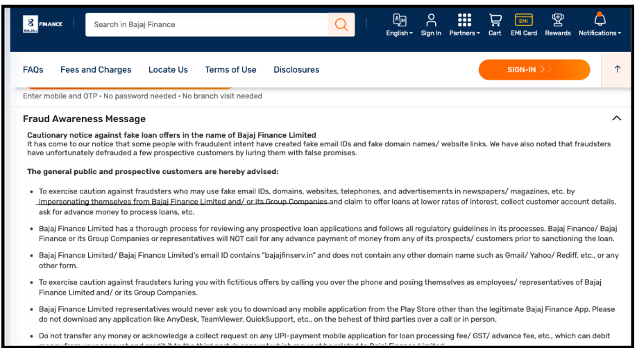 Bajaj Finance fraud awareness notice warning customers against fake loan calls and advance payment demands.