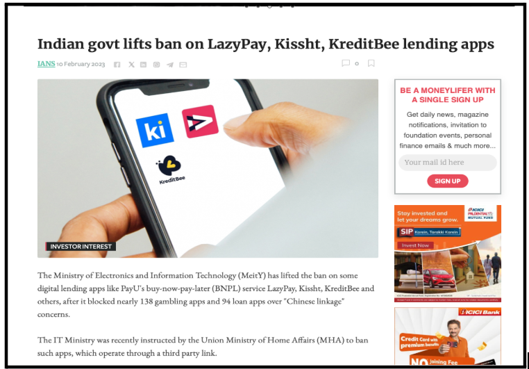 Moneylife news article screenshot titled Indian govt lifts ban on LazyPay Kissht KreditBee lending apps showing the report opening lines