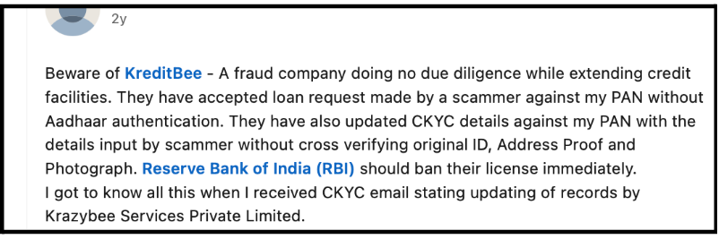 LinkedIn post screenshot starting with Beware of KreditBee detailing unauthorized loan applications against a PAN and CKYC records