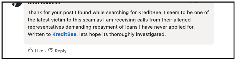 LinkedIn comment screenshot beginning with Thank you for your post regarding unauthorized KreditBee loan repayment calls