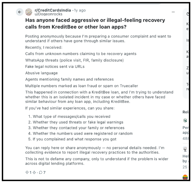 Reddit post screenshot on r/CreditCardsIndia titled Has anyone faced aggressive or illegal-feeling recovery calls detailing loan harassment tactics in one of the KreditBee Impersonation Scams