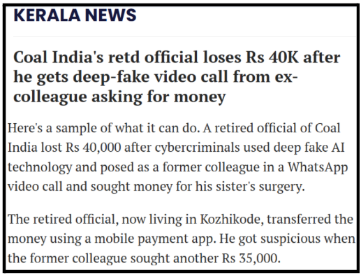News clipping snippet detailing the Kozhikode deepfake video call scam where a retired official lost Rs 40K.