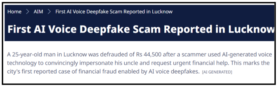 News clipping snippet covering the Lucknow AI voice deepfake fraud case where a youth lost Rs 44,500.