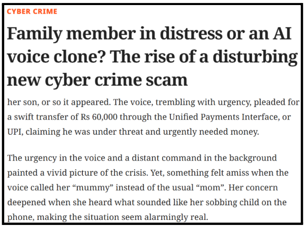 News clipping snippet covering the Noida AI voice clone scam where a mother fell victim to an impersonation call.