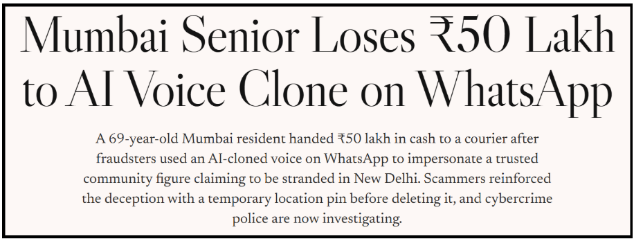 News clipping snippet detailing the Mumbai AI voice clone scam where a senior citizen lost Rs 50 lakh.