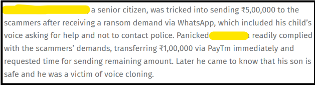 News clipping snippet detailing a senior citizen falling victim to a WhatsApp voice cloning ransom scam involving a child's cloned voice.