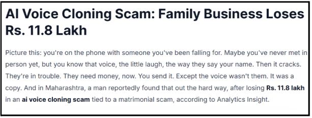 News clipping snippet detailing the Maharashtra matrimonial AI voice cloning scam resulting in an ₹11.8 lakh